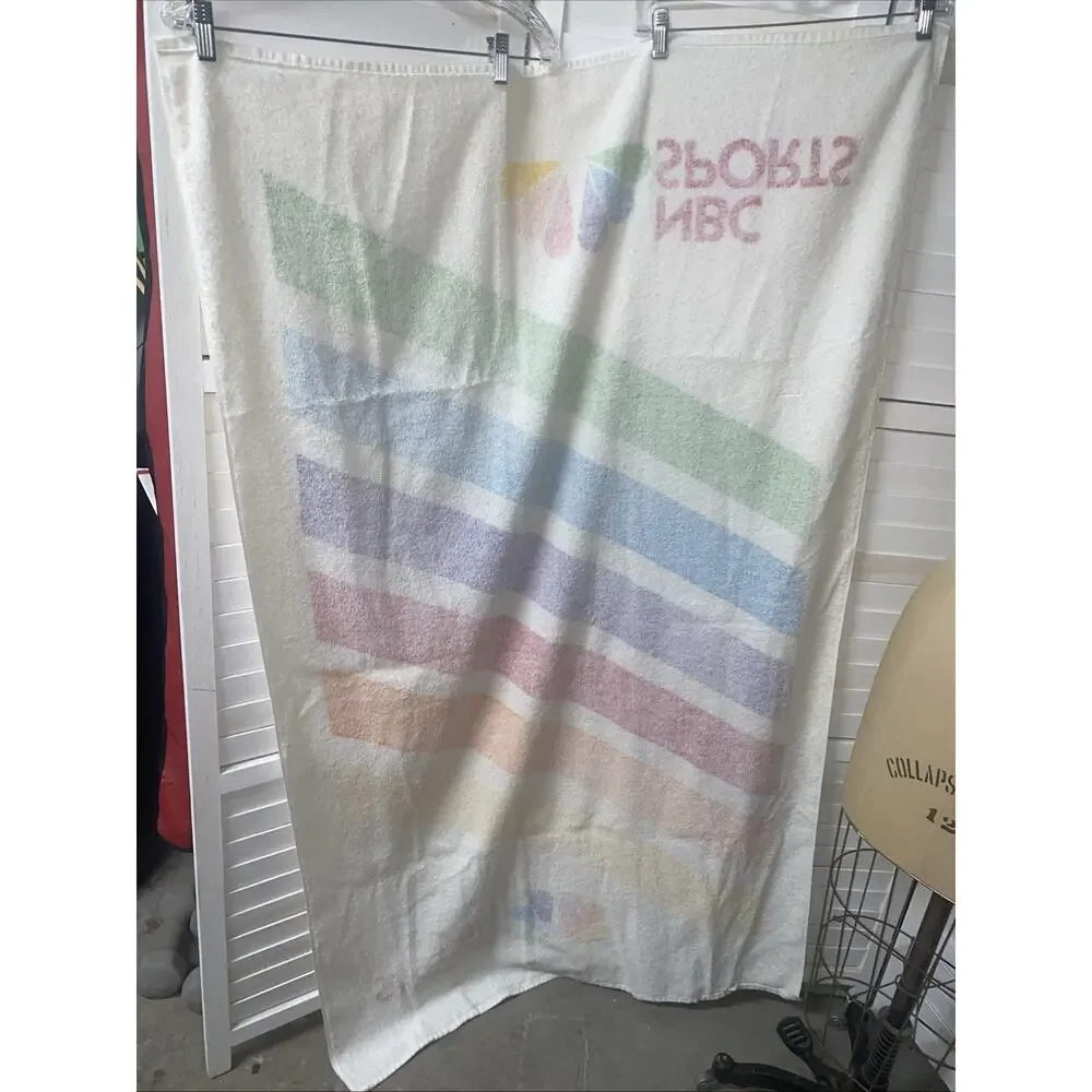 Vintage 90s NBC Sports Cotton BEACH TOWEL Peacock Rainbow 60” X 35.5” Loop Yarn